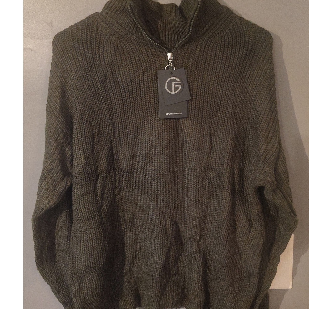 Funlingo Olive Green Quarter Zip Ribbed Knit Sweater Mens Small‎ NWT